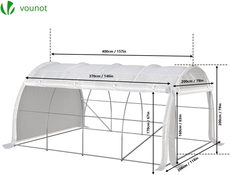 ® Serre de Jardin Tunnel 300x400x200cm en Acier Galvanisé PE Haute densité 140 g/m² 12m2 Anti-UV avec Zip Enroulables Idéale pour Toutes Saisons
