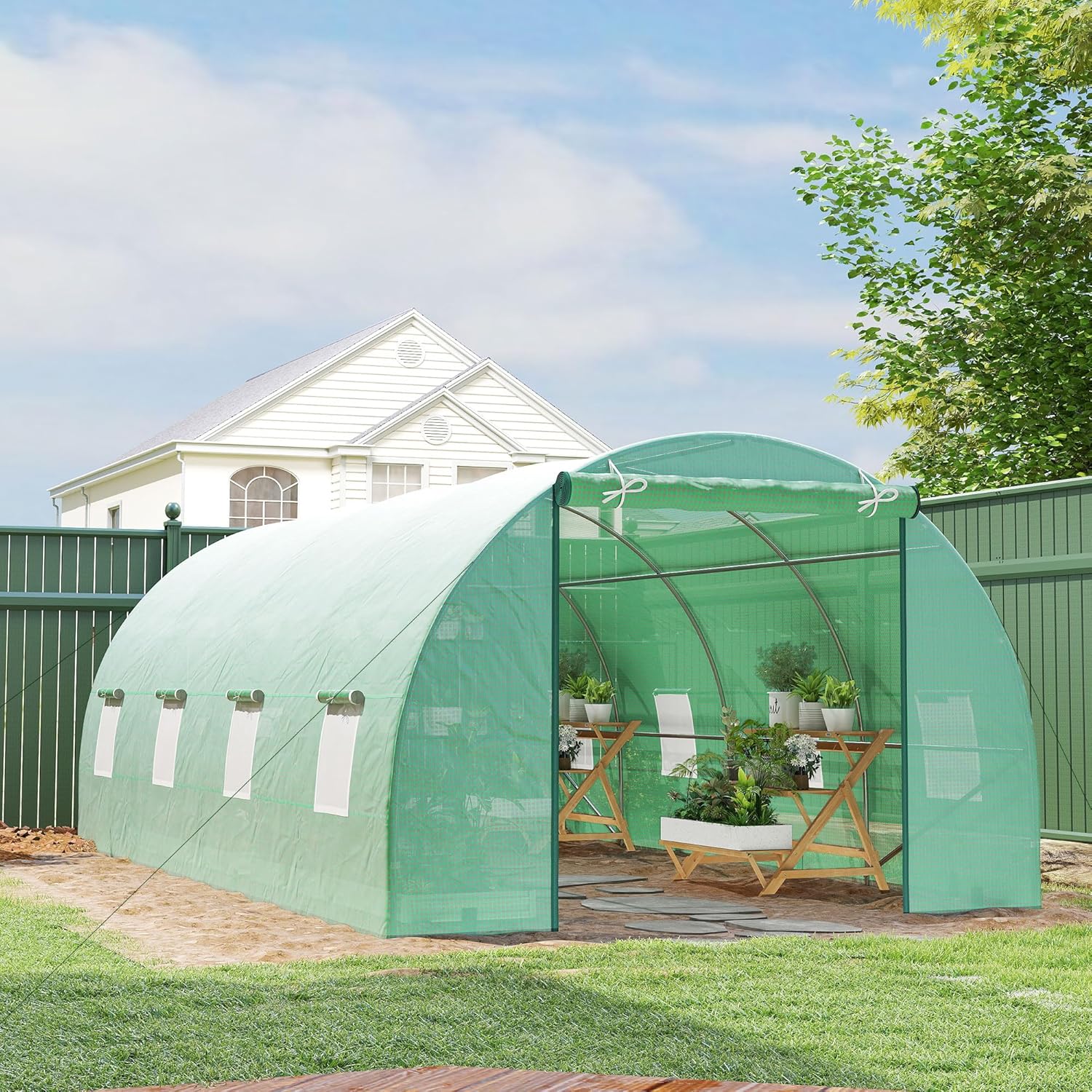 Serre de Jardin Tunnel 6L x 3l x 2H m châssis Tubulaire Acier galvanisé renforcé 2,5 cm 8 fenêtres 1 Porte Vert 595x300x200cm
