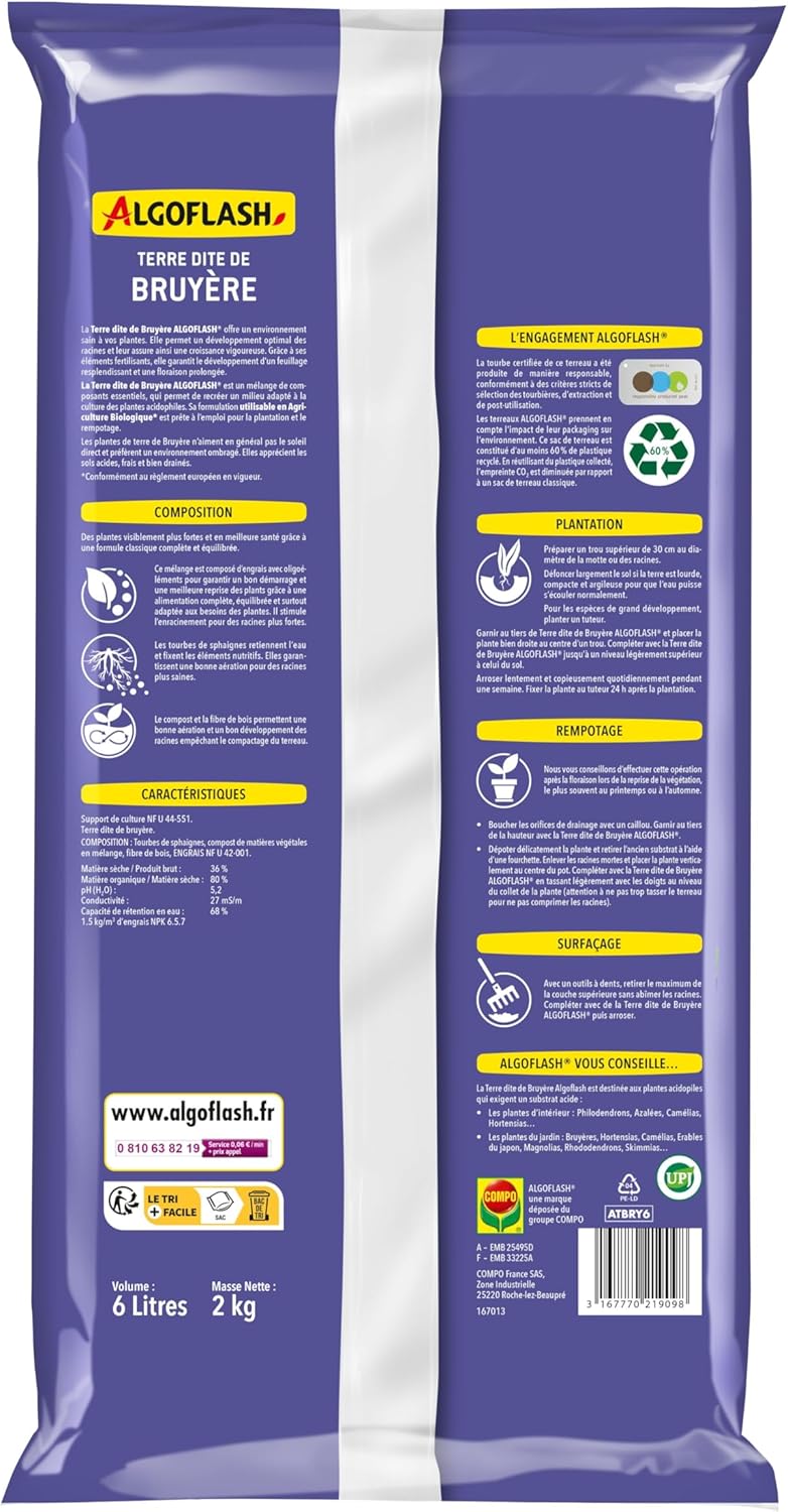 Terre dite de Bruyère, Utilisable en Agriculture Biologique - 6L, Marron