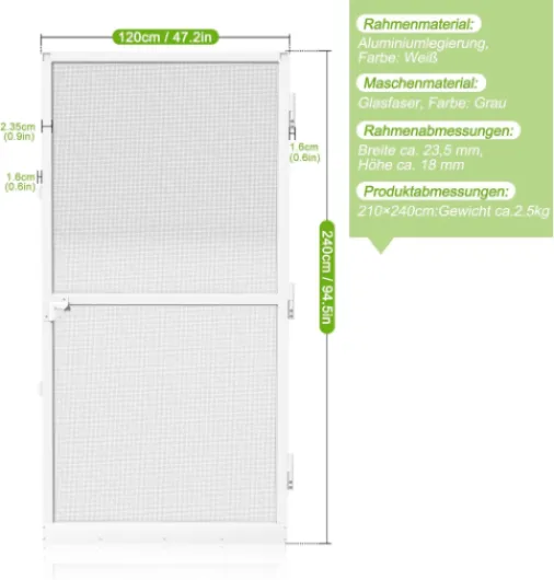 Moustiquaire de porte, moustiquaire de balcon, moustiquaire avec cadre en aluminium, tissu en fibre de verre, moustiquaire pour porte de terrasse, salon (blanc, 120 x 240 cm) Blanc - 120×240cm