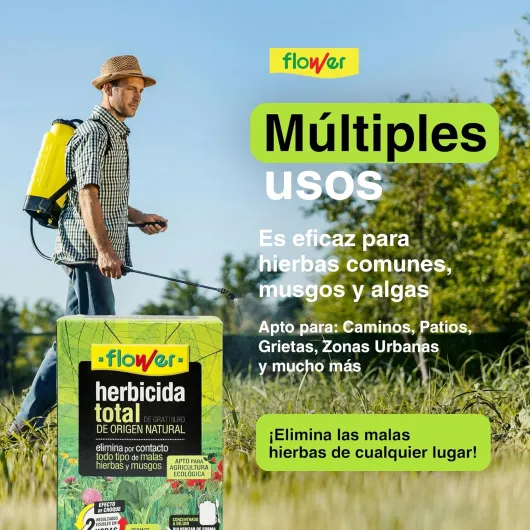 FLOWER X3 Désherbant total écologique Origine naturelle 450 m² Élimine les mauvaises herbes et les mousses - Alternative au glyphosate - Résultats 2 heures - 750 ml + doseur Diluer 15 l d'eau - Super