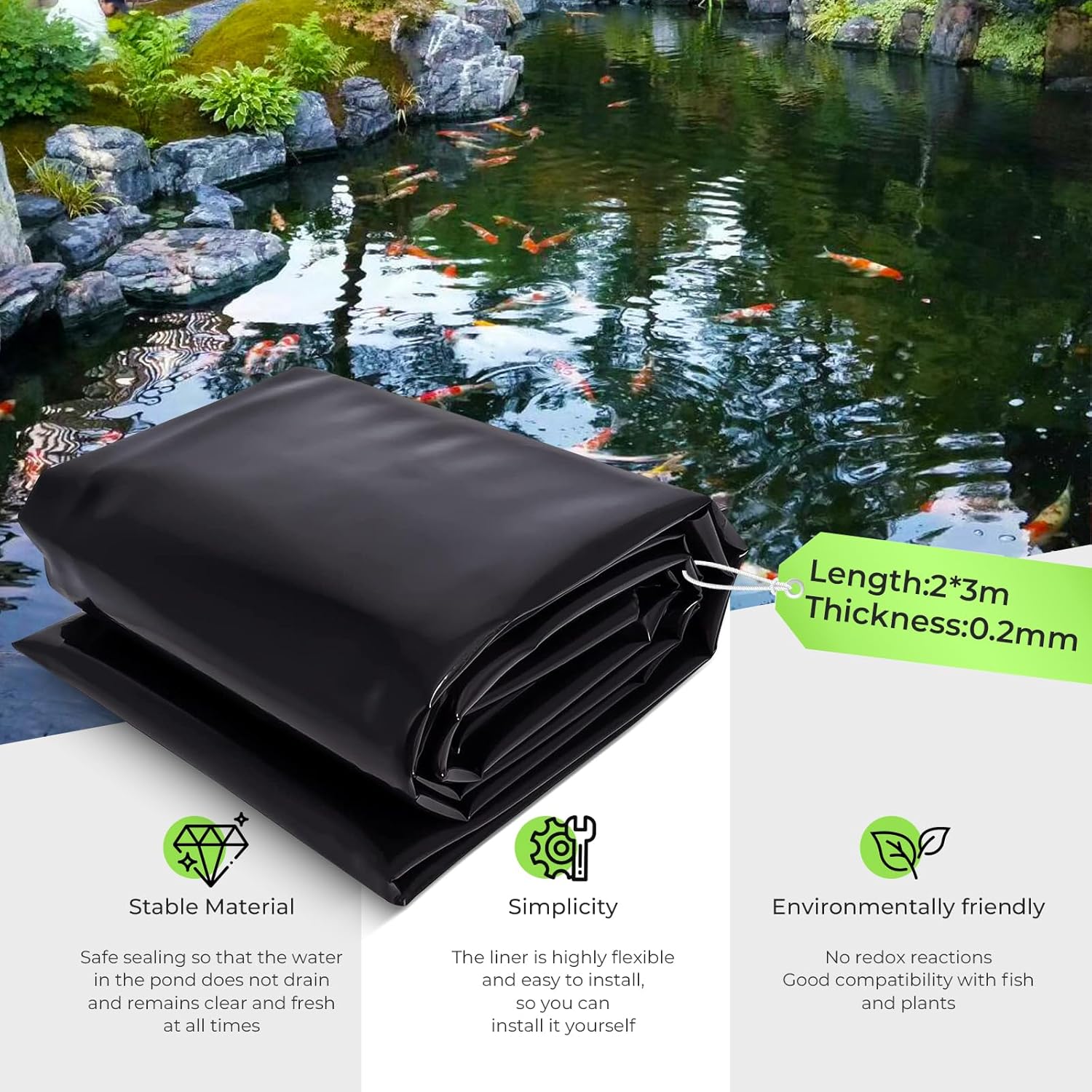 2x3m Bache Bassin, Bâche Bassin Extérieur 0.2mm Epaisseur, Liner Bassin Jardin pour Bassins D'agrément, Bassin a Poisson, Cascade