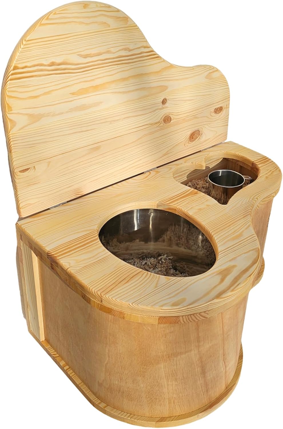Toilette Sèche en Bois Naturel, Design Compact, avec Couvercle et Bac en Métal