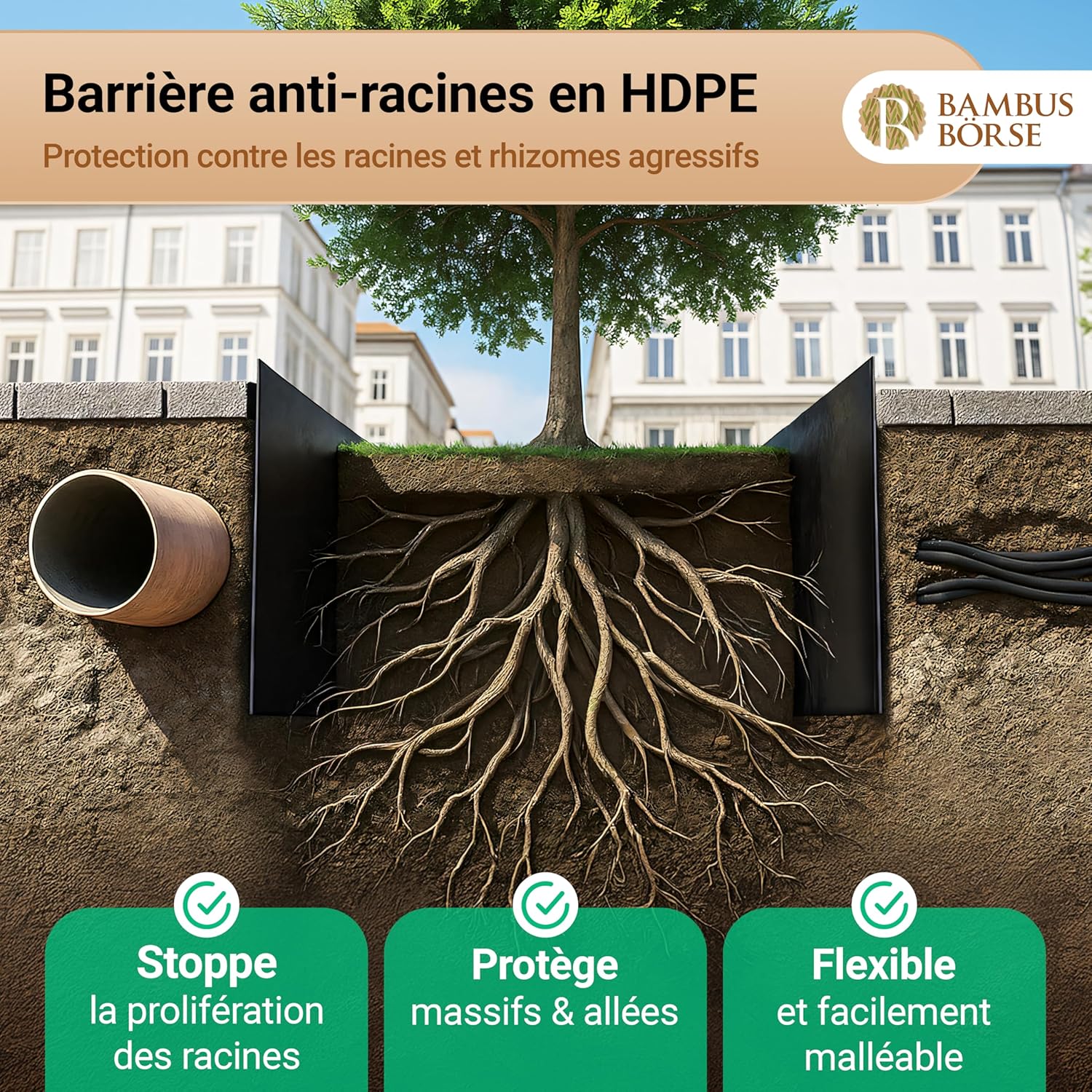 Barrière anti-racines de 50 cm de haut - Barrière anti-rhizomes Épaisseur 1 mm - 8 m de longueur - En HDPE de haute qualité 8 mètres