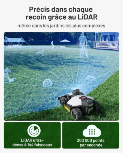 LUBA Mini AWD LiDAR – Robot Tondeuse sans Fil Périphérique, avec LiDAR 3D+AI Vision, sans Antenne RTK, Cartographie Automatique, 1 500 m² Recommandés, Module 4G, Pente Jusqu’à 80%