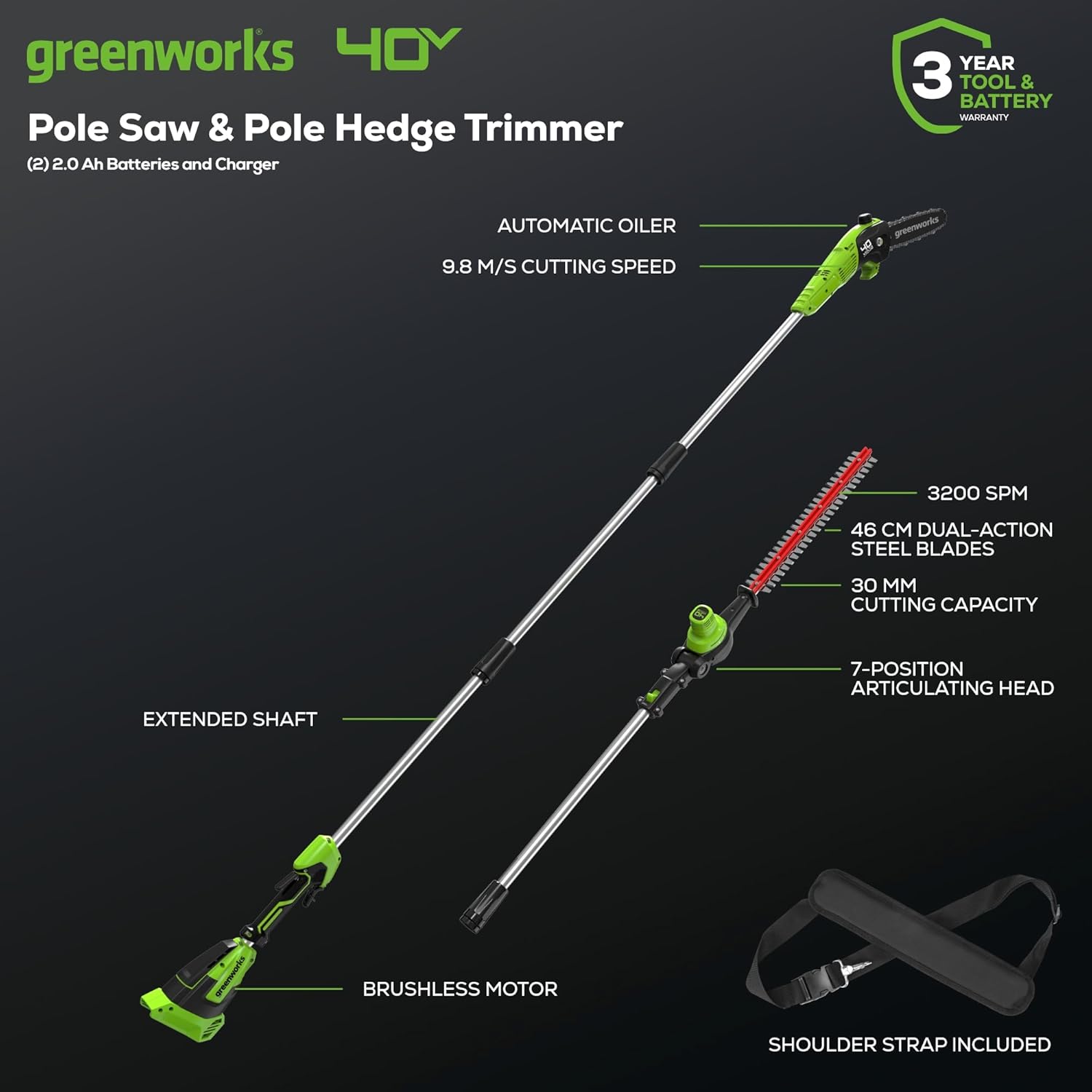 40V Scie à perche et taille-haie sans fil 2-en-1, moteur sans balais de 30 cm, lame à double action de 51 cm, batterie * 2 et chargeur GD40PSHK2x (Nouveau)sans batterie ni Chargeur
