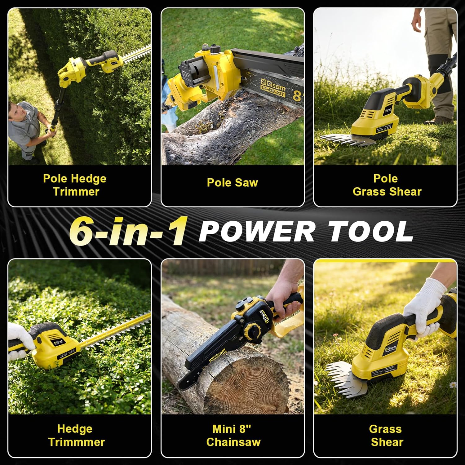 Coupe-bordure et pôle sans fil 6 en 1, mini scie à chaîne de 8 inch et coupe-bordure, moteur brushless, réglable de 0 à 180°, étendu jusqu'à 4,5 m, 2 batteries de 4,0 Ah, idéale pour la coupe de cire Jaune