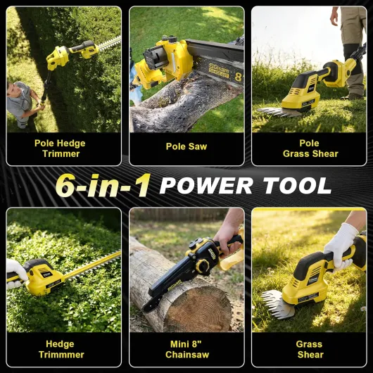 Coupe-bordure et pôle sans fil 6 en 1, mini scie à chaîne de 8 inch et coupe-bordure, moteur brushless, réglable de 0 à 180°, étendu jusqu'à 4,5 m, 2 batteries de 4,0 Ah, idéale pour la coupe de cire Jaune