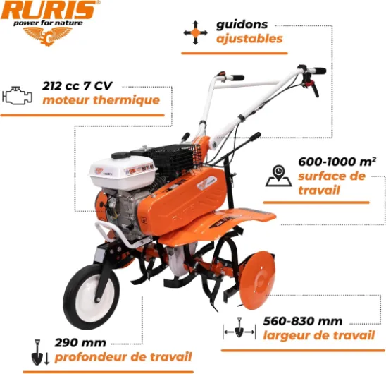 RURIS - Motobineuse Thermique 6500FR - 7 CH - pour Surfaces jusqu'à 1000 m² - 24 Fraises - Largeur de Travail 560-830mm - Guidon Ajustable - Roues en Caoutchouc - Outillage de Jardin Motobineuse Thermique 6500FR 7Ch - 208cm3