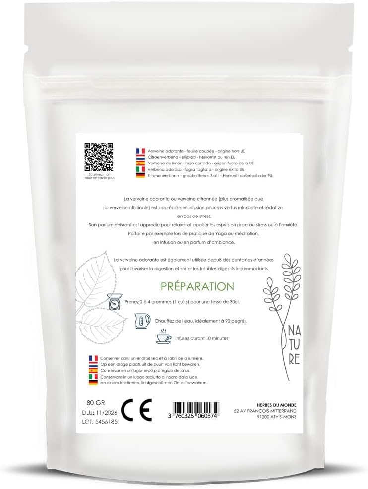 Verveine Odorante 80g - Infusion Relaxante et Digestive - Feuilles Coupées Aloysia Citrodora - Tisane Anti-stress, Bien-être Naturel, Améliore le Sommeil - 1 sachet