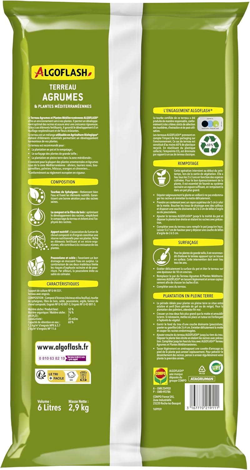 Terreau Agrumes et Plantes Méditerranéennes, Utilisable en Agriculture Biologique - 6L, Marron