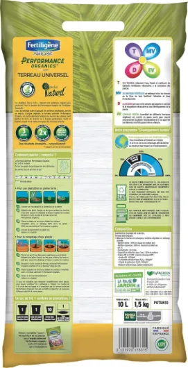 FERTILIGENE NATUREN POTUN1P - Terreau Universel Performance Organics UAB 10 L - pour 2 Fois Plus de Fleurs et récoltes - Nourrit Les Cultures Pendant 3 Mois - Enrichi en Engrais - Fabriqué en France 10L Terreau Potager 10L