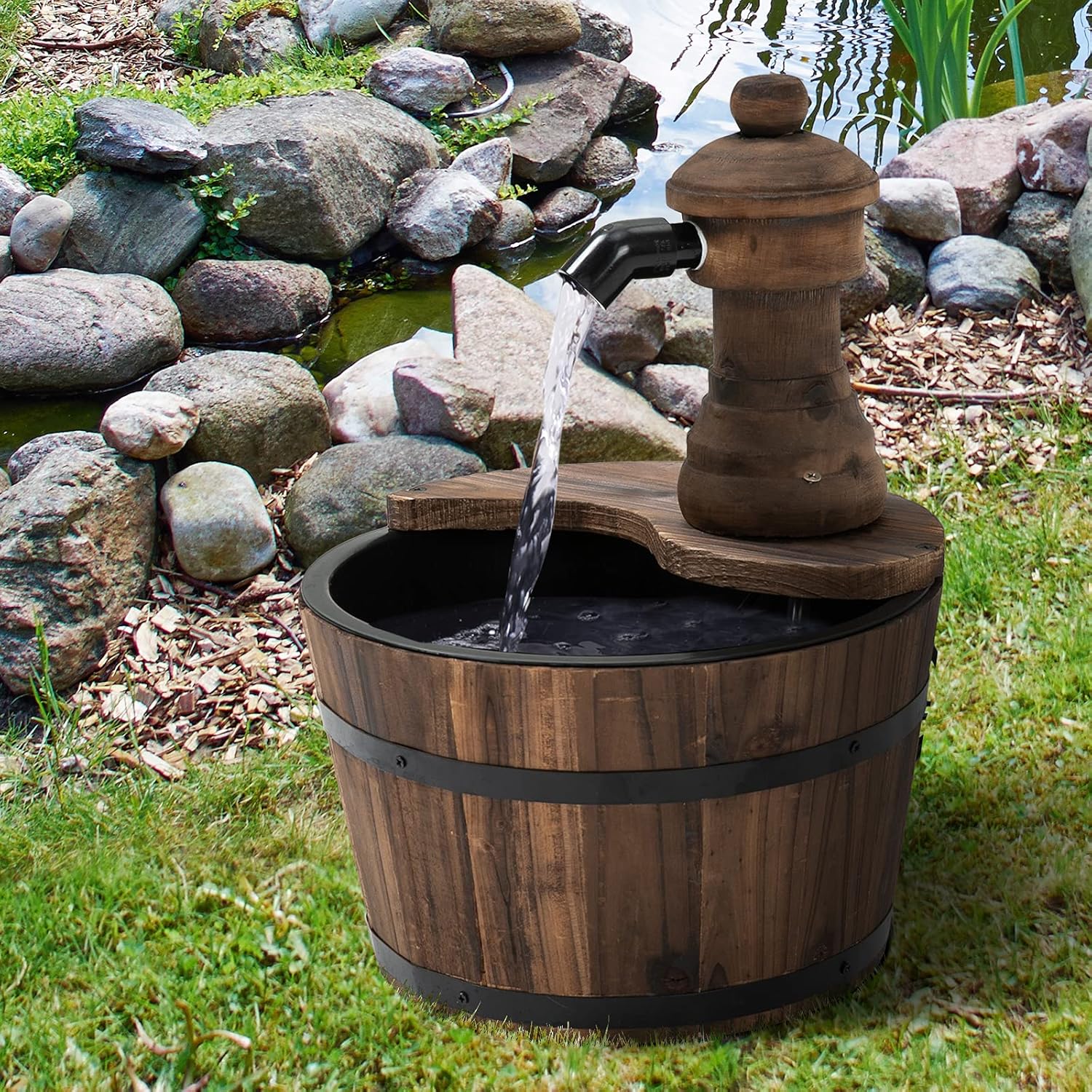 Fontaine de Jardin tonneau Pompe à Eau Submersible Incluse Ø 27 x 37H cm Bois de pin Marron