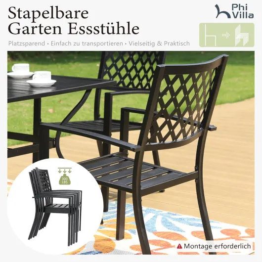 Salon de Jardin 5 pièces pour 4 Personnes, Ensemble de mobilier d'extérieur avec Table Ronde et chaises métal empilables, revêtement E pour Balcon, terrasse et Cour 5 Piece - Style 2