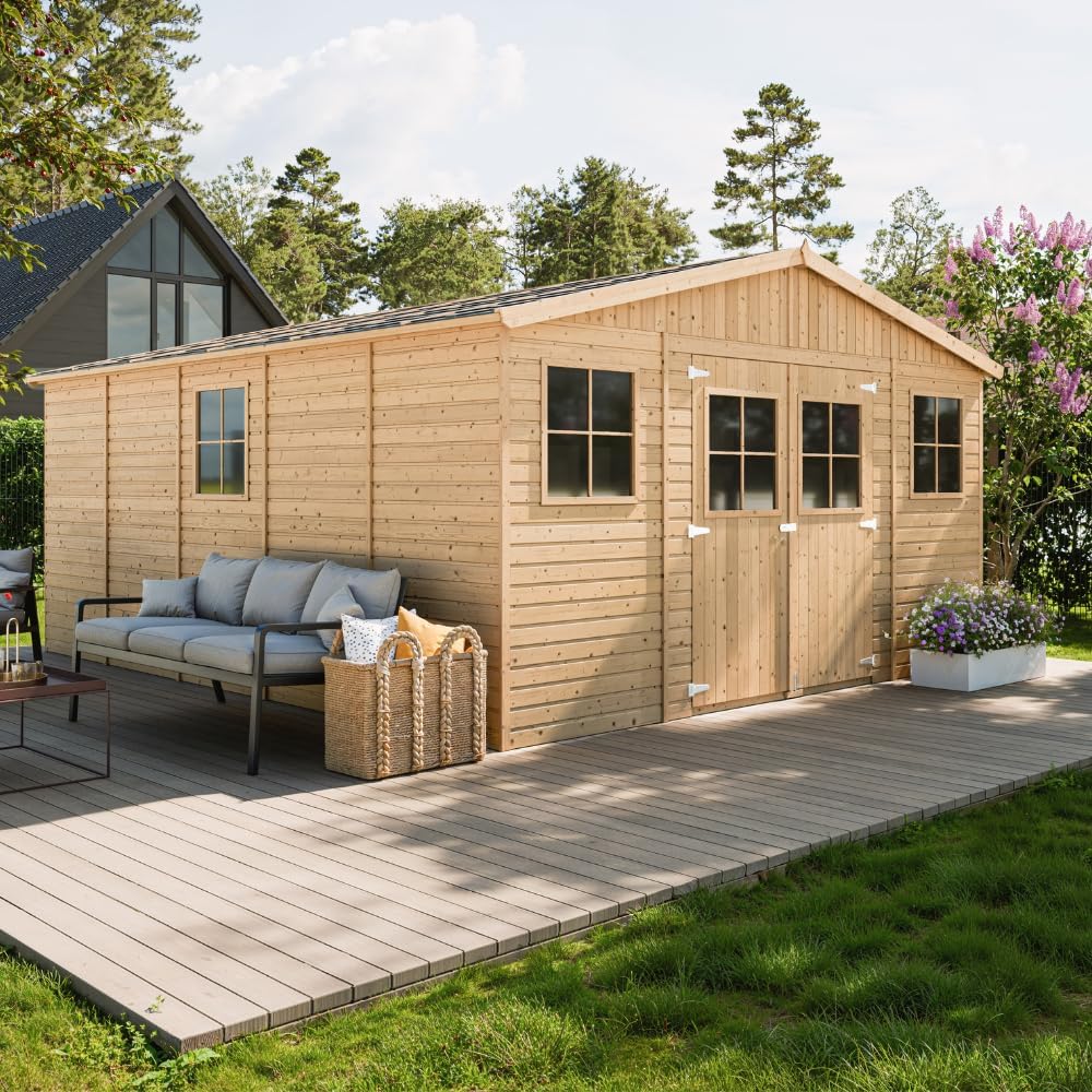 Abri de Jardin en Bois Exterieur avec Les PLANCHERS IMPRÉGNÉ- Maison de Jardin en Pin/épicéa-H246x418x522 cm/20 m²-Construction de Panneaux- Rangement pour vélos, Remise à Outils-TIMBELA M333 +M333G