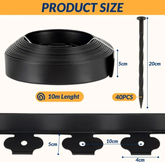Bordure de Jardin en Plastique Flexible 10 mètres, Hauteur 5cm - avec 40 Piquets d'ancrage – Délimitation Pelouse, Allée, Parterre – Bordurette Extérieure Facile à Installer 10 m x 5 cm avec 40 Piquets d'ancrage