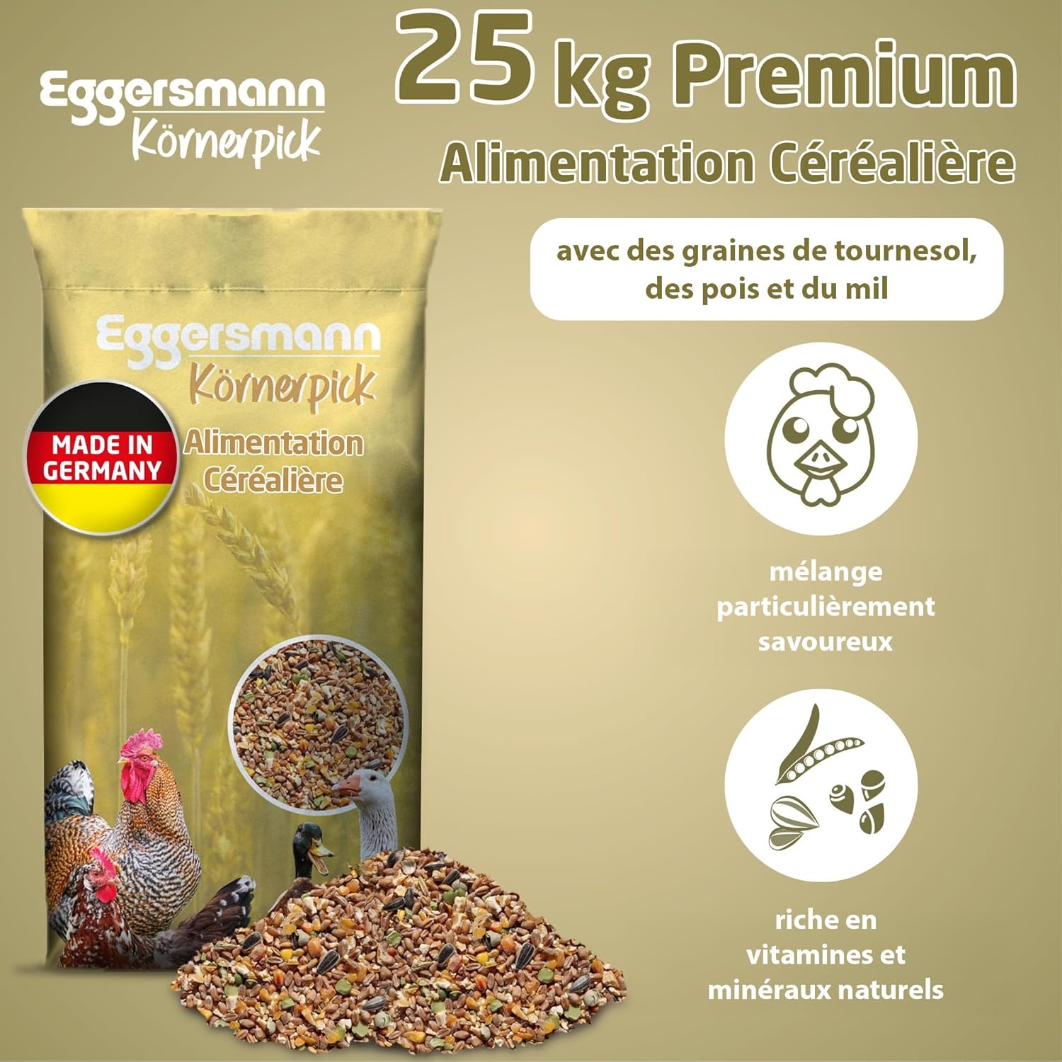 Eggersmann Körnerpick 25kg Premium Nourriture Poule - Premium Aliments pour volailles - Graines Poule - Premium mélange de graines pour Poules, oies & Canards de Fabrication Naturelle 25 kg (Lot de 1)