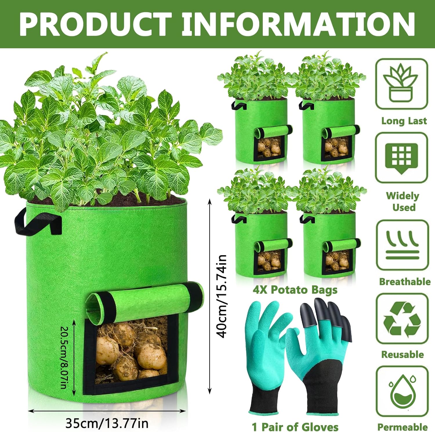 Purpledi 40L Sac de Plantation de Pommes de Terre, Sacs à Plantes, Lot de 4 Sac de Culture en Non Tissé Pot de Fleur Sac de Jardin avec Poignée Sangles Aération Tissu Pots, 10 Gallons (A)