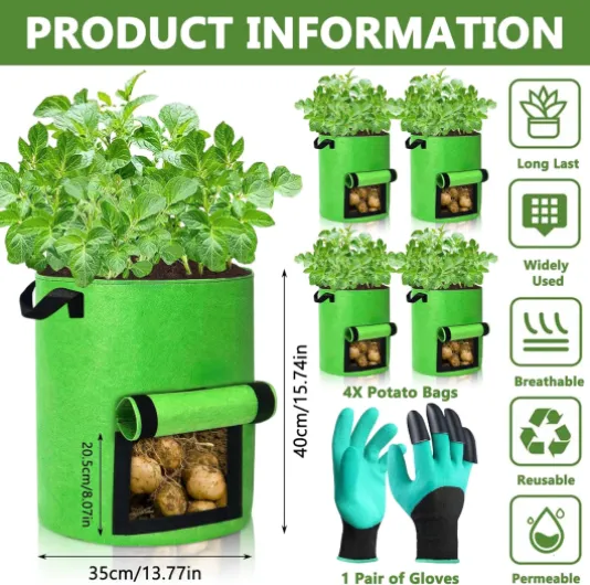 Purpledi 40L Sac de Plantation de Pommes de Terre, Sacs à Plantes, Lot de 4 Sac de Culture en Non Tissé Pot de Fleur Sac de Jardin avec Poignée Sangles Aération Tissu Pots, 10 Gallons (A)