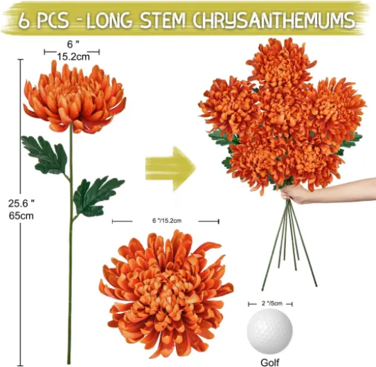 Lot de 6 grandes fleurs de chrysanthème artificielles de 15,2 cm avec tige de 65,6 cm de long, en bronze pour décoration d'intérieur, mariée, mariage, fête, arrangement floral, décorations d'automne