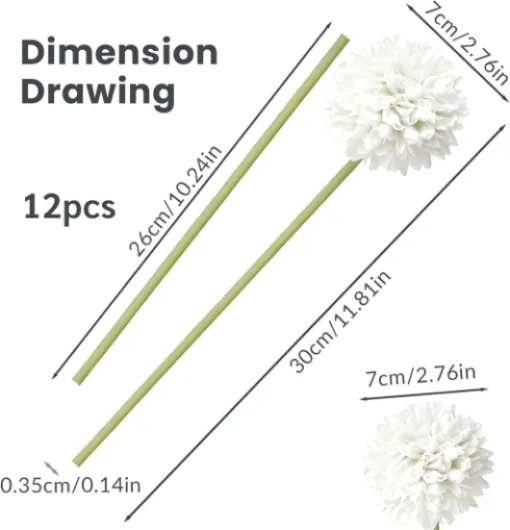 Pack de 12 Fleurs d’Hortensia Artificielles en Soie, Boules de Chrysanthème de Haute Qualité, Fleurs Fictives Réalistes avec Tiges Ajustables, pour Décorations de Mariage, Maison et Bureau (Blanc)