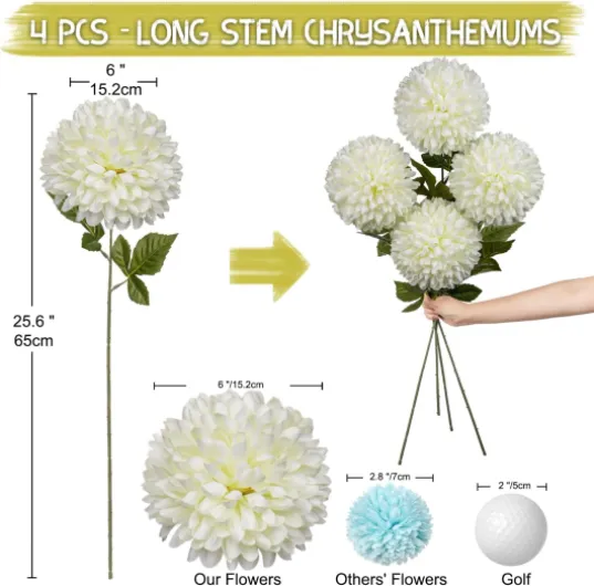 Lot de 4 grandes fleurs de chrysanthème artificielles en soie blanche avec tige de 65,6 cm, boules décoratives artificielles pour décoration de maison, mariée, mariage, fête, jardin, arrangement Blanc 16 cm