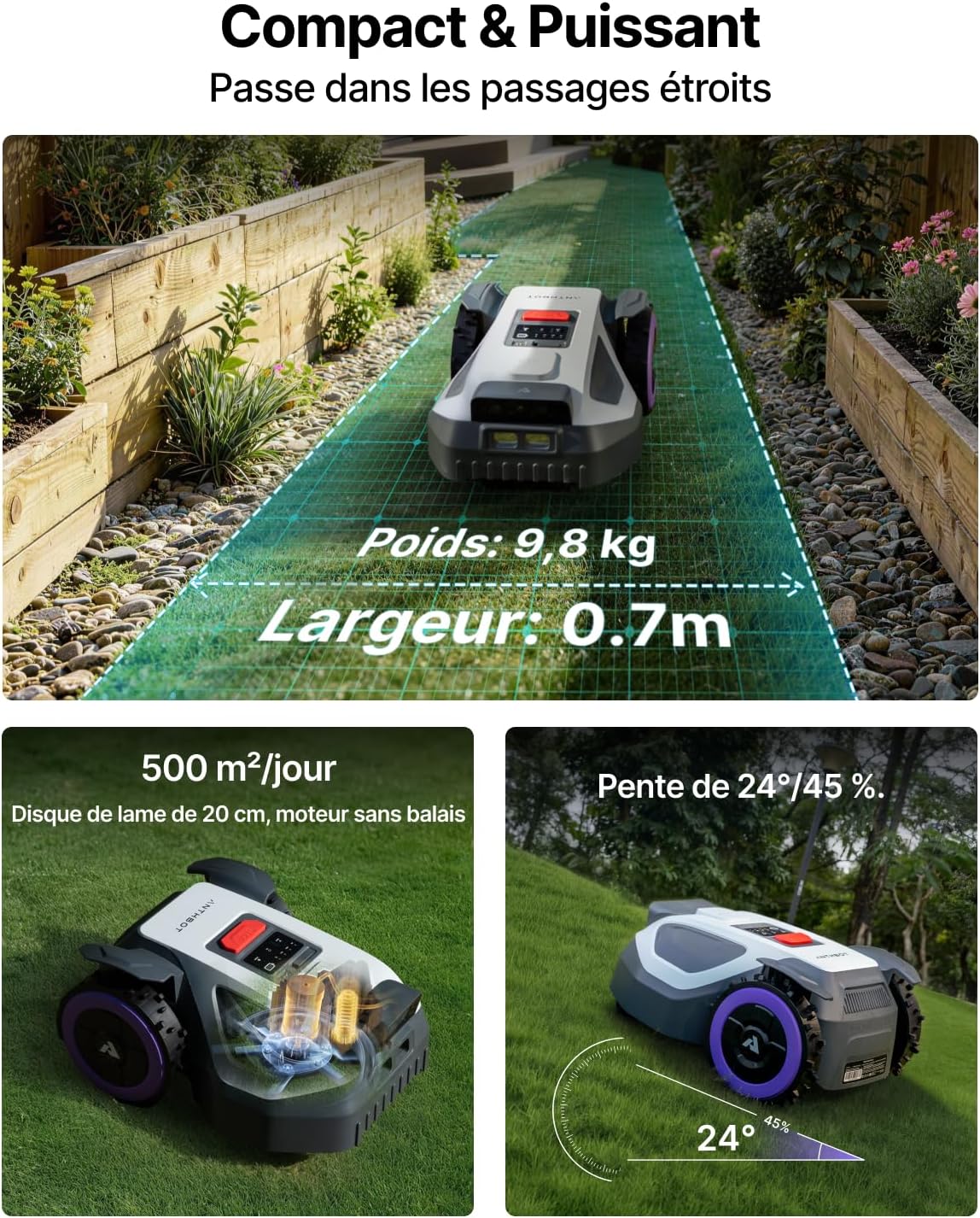 M9 Robot Tondeuse sans Fil, NetRTK, 4G, 5000 mAh, Recommandé 1000 m², Maximum 1200 m², Pente de 24° (45%), Prend en Charge 2RTK Conçu pour Les Jardins Avant et Arrière