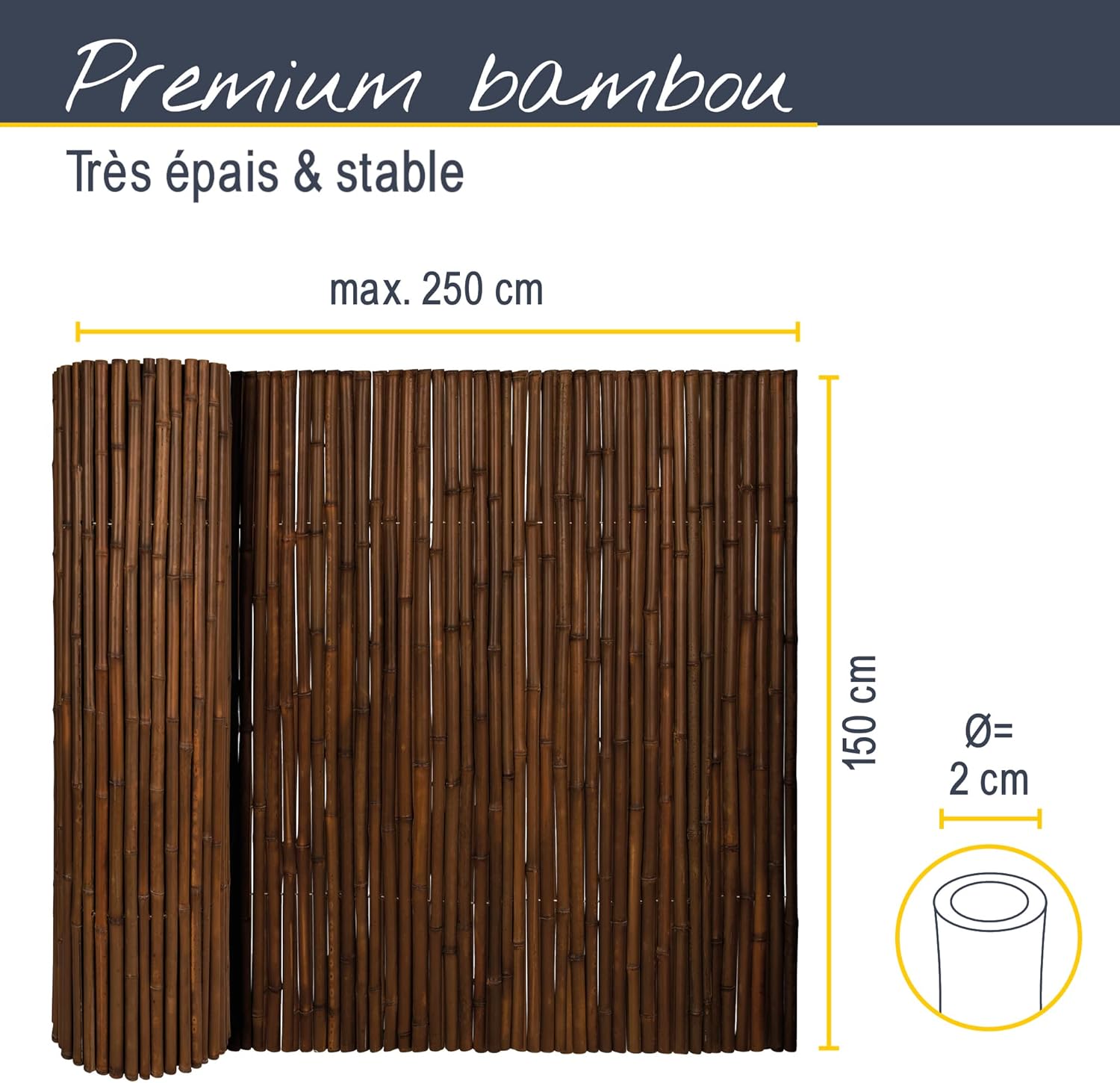 Premium Canisse Brise Vue Bambou 150x250 cm B23 Brun - Tiges de Bambou Haute Qualité Ø 2-3 cm, Clôture résistante aux Intempéries Intérieur & Extérieur Protection Visuelle Balcon 150x250cm