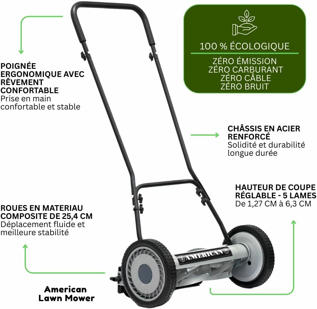 Tondeuse Manuelle Hélicoïdale 5 Lames 45 cm - Hauteur Réglable sans Outil 1,27 à 6,3 cm - Tondeuse à Gazon Manuelle Écologique sans Électricité Silencieuse - Tondeuse Jardin Pelouse