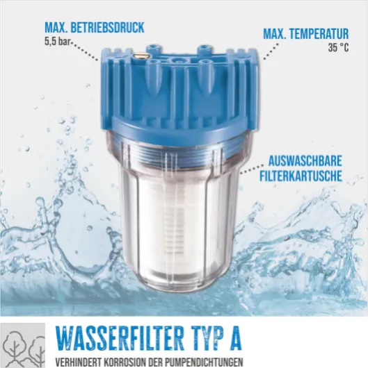 Güde Filtre à eau de type A (avec insert filtrant, raccord fileté des deux côtés en métal IG/AG 1", max - 5,5 bar, cartouche filtrante lavable, pas d'aspiration de sable et de solides, pour pompes de simple