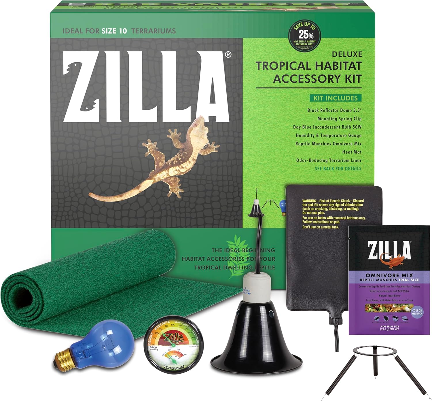 Zilla Kit d'accessoires d'habitat Tropical pour Reptiles, démarrage Facile pour Reptiles tropicaux, Comprend éclairage, Chauffage, literie et Nourriture, idéal pour terrariums de Taille 10 g