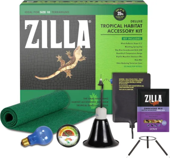 Zilla Kit d'accessoires d'habitat Tropical pour Reptiles, démarrage Facile pour Reptiles tropicaux, Comprend éclairage, Chauffage, literie et Nourriture, idéal pour terrariums de Taille 10 g