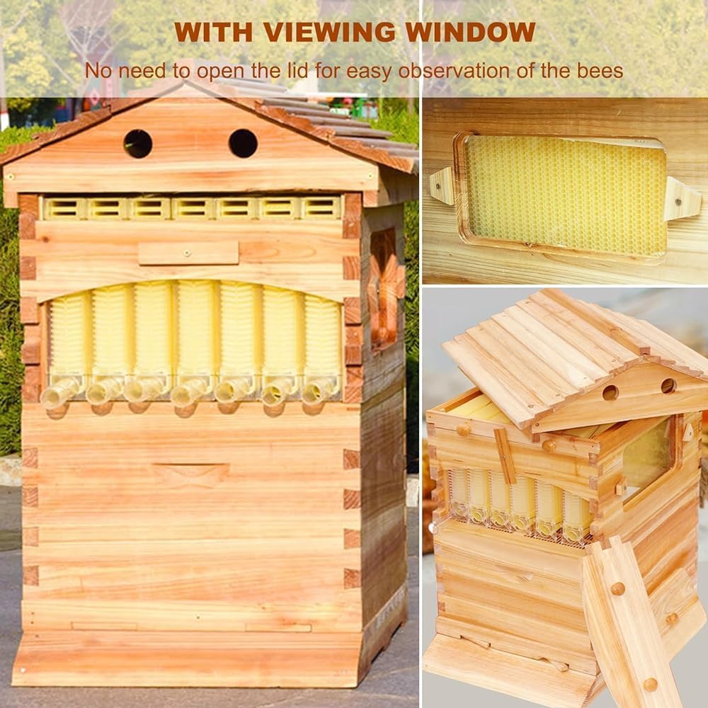 Beehive Kit de ruche automatique en bois avec 7 nids d'abeilles et cadre de qualité alimentaire sans BPA pour débutants et apiculteurs professionnels