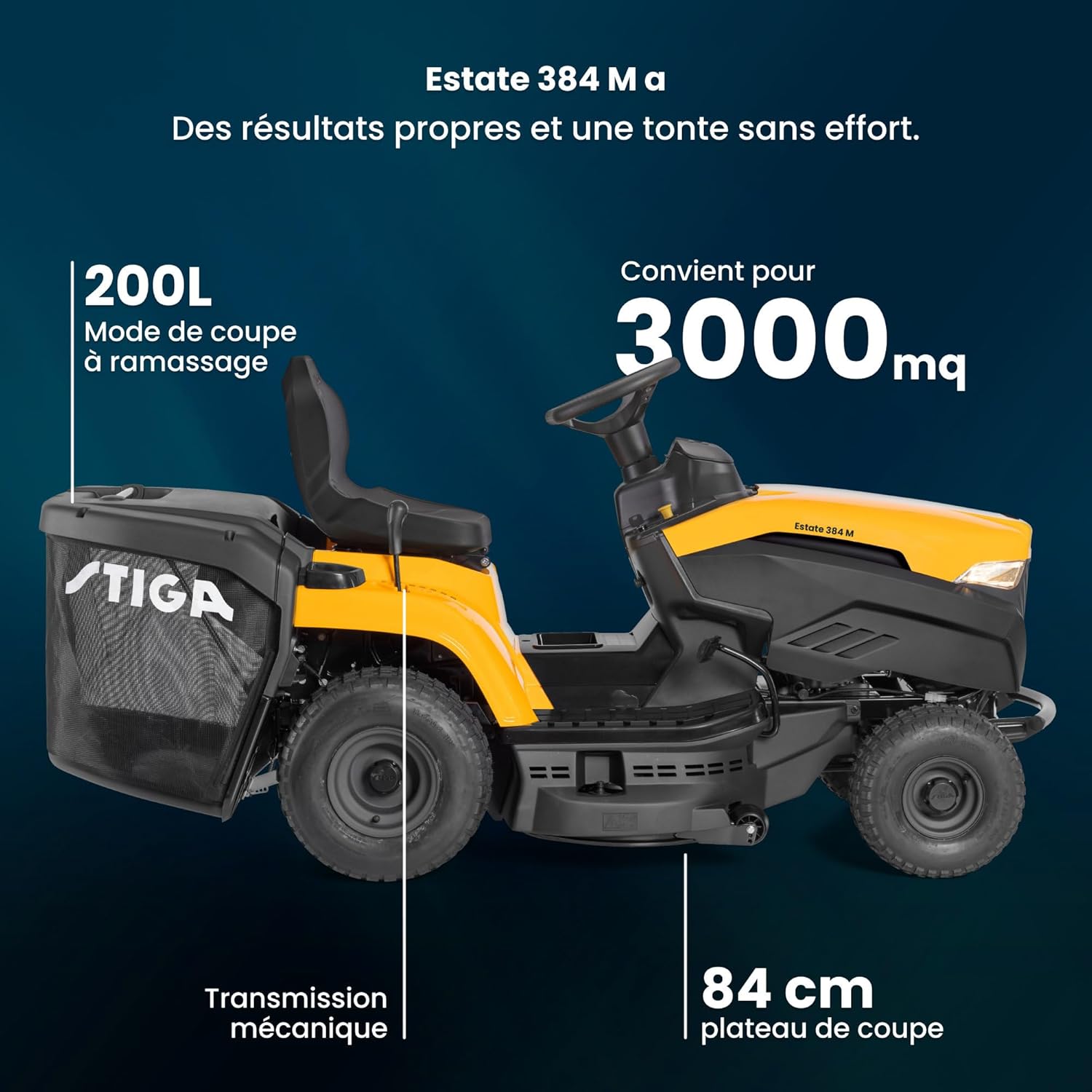 Estate 384 M a Tondeuse Autoportée, 352 cm³, 84 cm – Bac 200 L, Kit Mulching – Pelouses Jusqu'à 3 000 m² Moteur ST 350 - AE