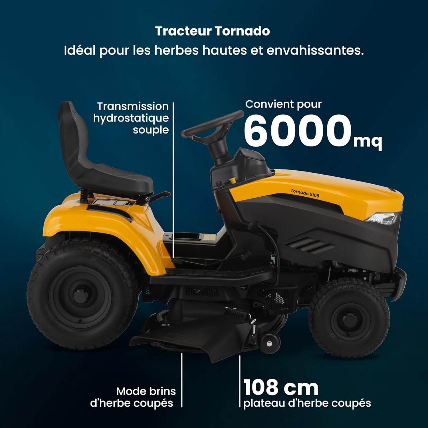 Tornado 5108 Tracteur De Jardin 108 cm, 452 cm3 – Éjection Latérale, Essieu Avant en Acier – Pelouses Jusqu'à 6 000 m² Moteur ST 500