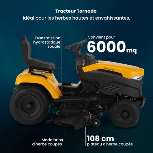 Tornado 5108 Tracteur De Jardin 108 cm, 452 cm3 – Éjection Latérale, Essieu Avant en Acier – Pelouses Jusqu'à 6 000 m² Moteur ST 500