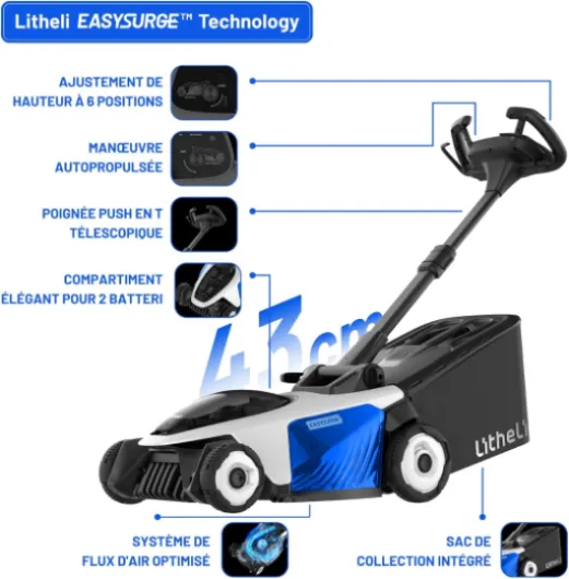 Easysurge Tondeuse à Gazon sans Fil 43cm, 2X 20V Batteries 4.0Ah, Autotractée (2,2-4,7 km/h), Bac 50L, 25-75 mm Hauteur Réglable, pour Pelouses jusqu'à 500m² Haute Performance