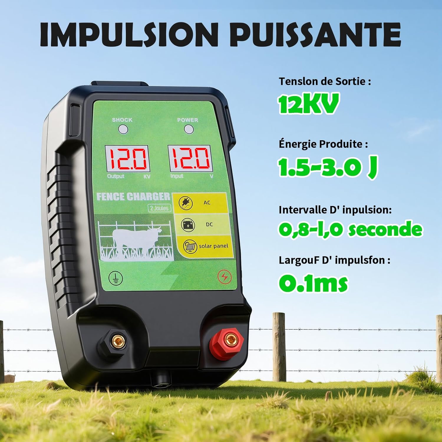 12KM Clôture Électrique pour Bétail Animaux, 12kV 3.0J Tension de Sortie Électrificateur Clôture Électrique avec Affichage LED, Protection pour Chevaux Moutons Chien Jardin Pâturages (Noir-Vert)