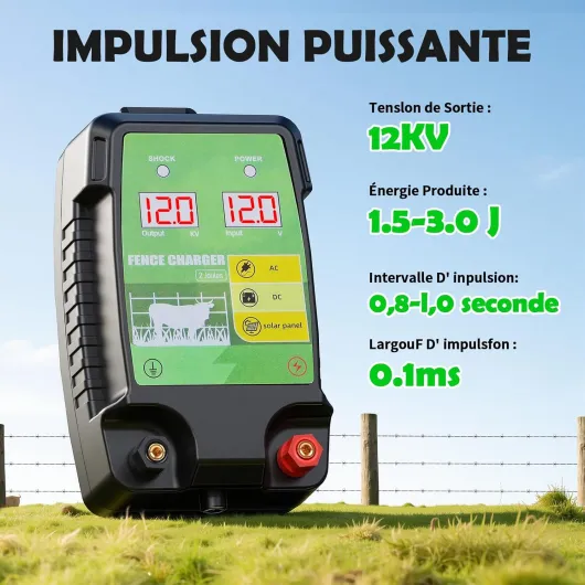 12KM Clôture Électrique pour Bétail Animaux, 12kV 3.0J Tension de Sortie Électrificateur Clôture Électrique avec Affichage LED, Protection pour Chevaux Moutons Chien Jardin Pâturages (Noir-Vert)