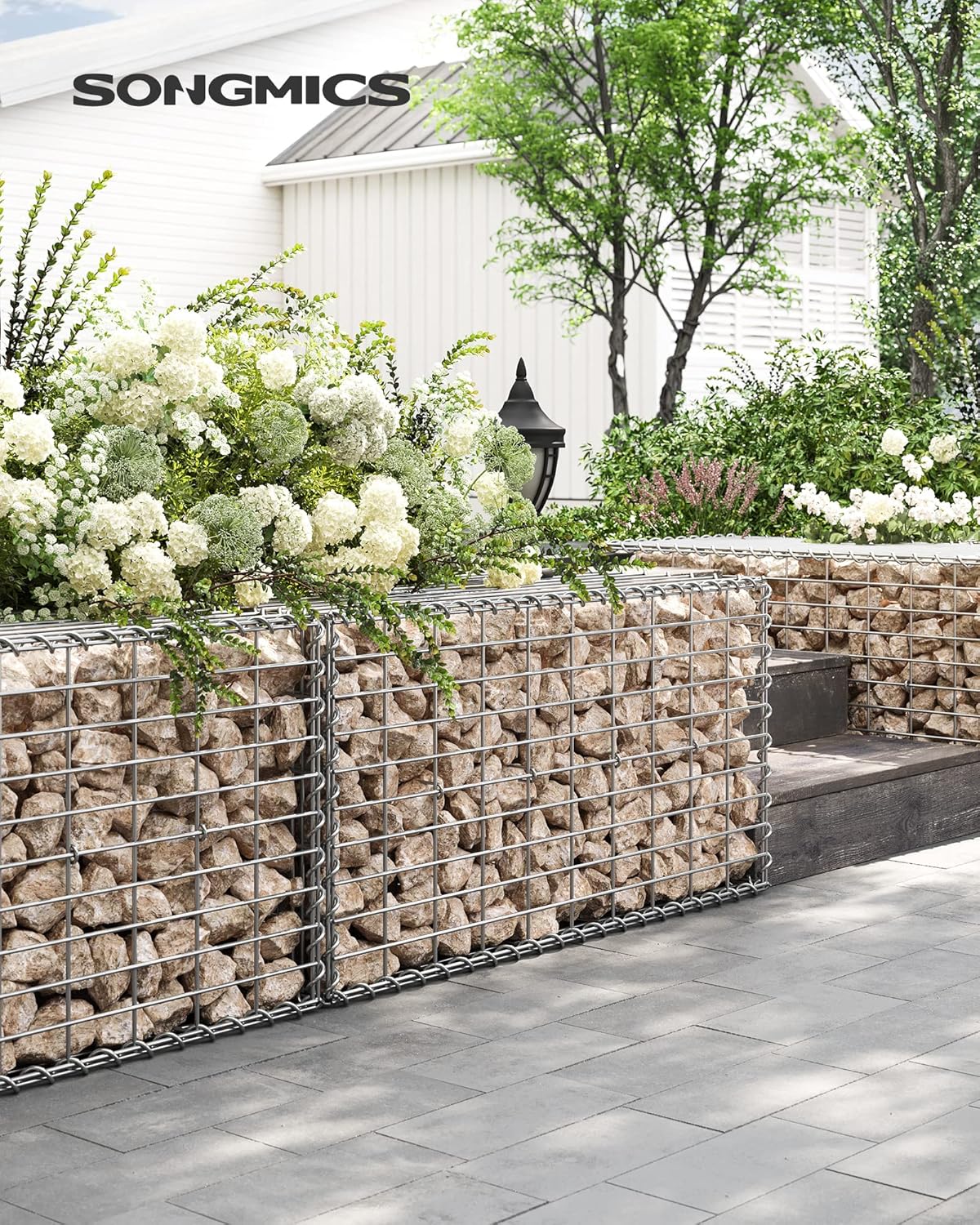 Gabion pour Pierre, Cage en Métal, Panier à Pierre, Maille 5 x 10 cm, Galvanisé, Mur, Paterre, Décoration de Jardin, 100 x 50 x 50 cm, Lot de 4, Argent GGB455V1 4 100L x 50l x 50H cm