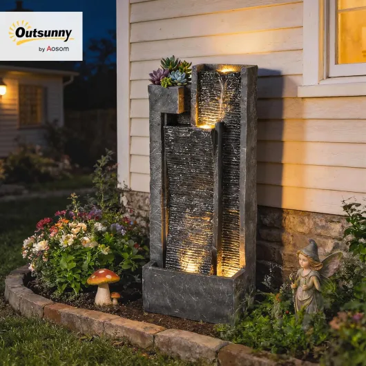 Fontaine de Jardin extérieure Cascade 3 Niveaux - Fontaine Eau avec jardinière et Mur d'eau Moderne - 101 cm Grande décoration terrasse Zen Lumineuse 24 LED Gris