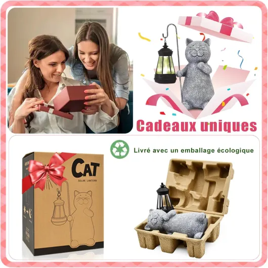 Yeomoo Chat Decoration Statue Jardin Exterieur avec Lampe Solaire Figurine - Salon Chaton Décoration Cadeau pour Femme Homme Maman Anniversaire Decor Imperméable pour de Jardin Balcon
