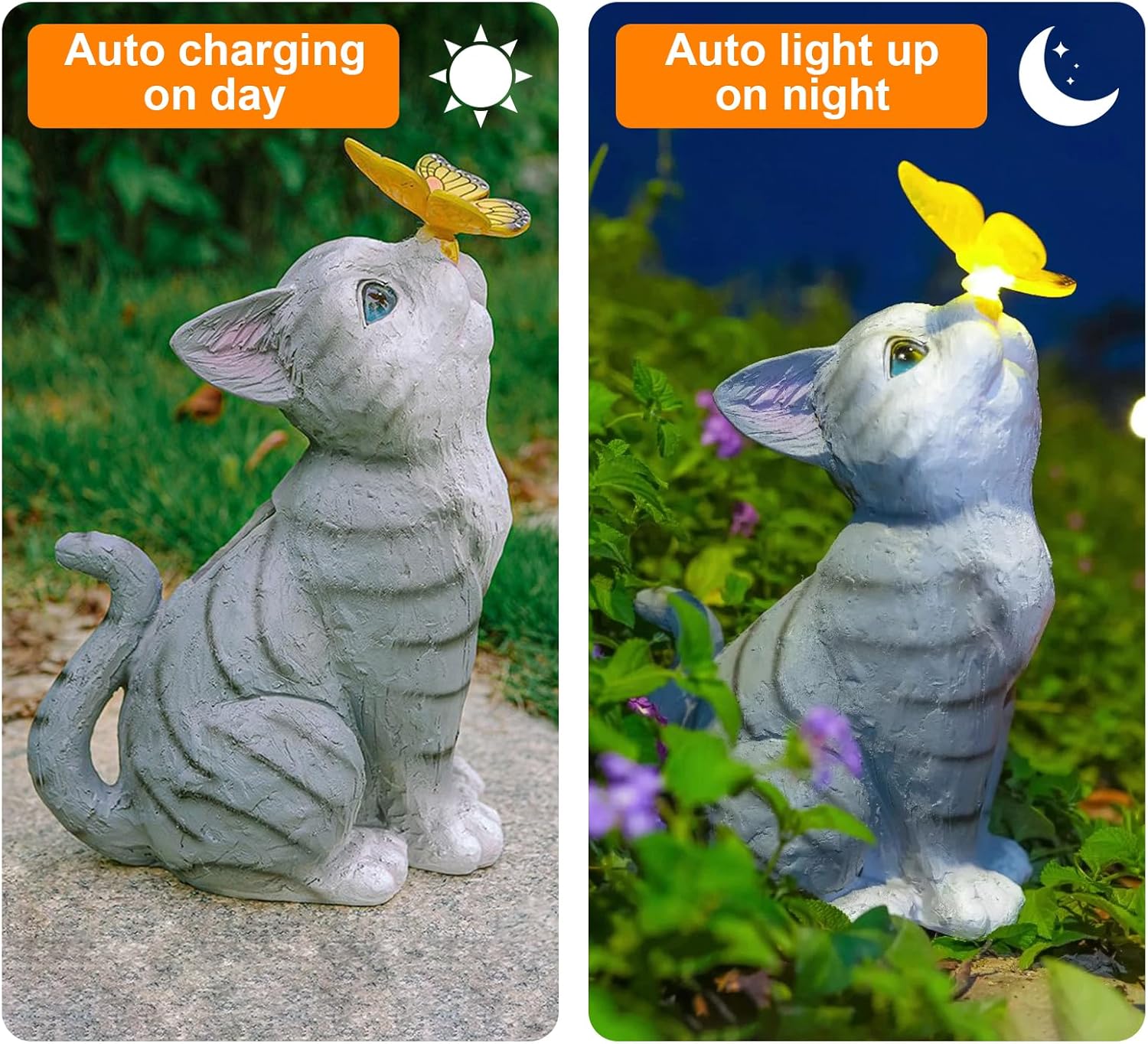 Décoration de Statue de Chat de Jardin avec Lampe Solaire - Décorations de Statues d'extérieur pour Les Amoureux des Chat, Cadeau de Pendaison de Crémaillère pour Patio Pelouse Porche Chat 2