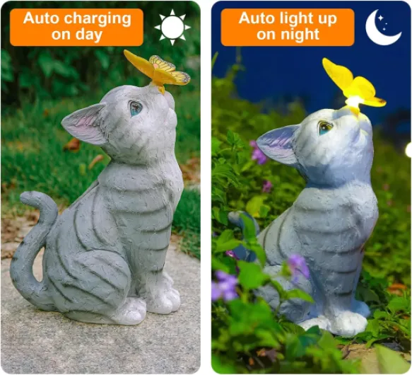Décoration de Statue de Chat de Jardin avec Lampe Solaire - Décorations de Statues d'extérieur pour Les Amoureux des Chat, Cadeau de Pendaison de Crémaillère pour Patio Pelouse Porche Chat 2
