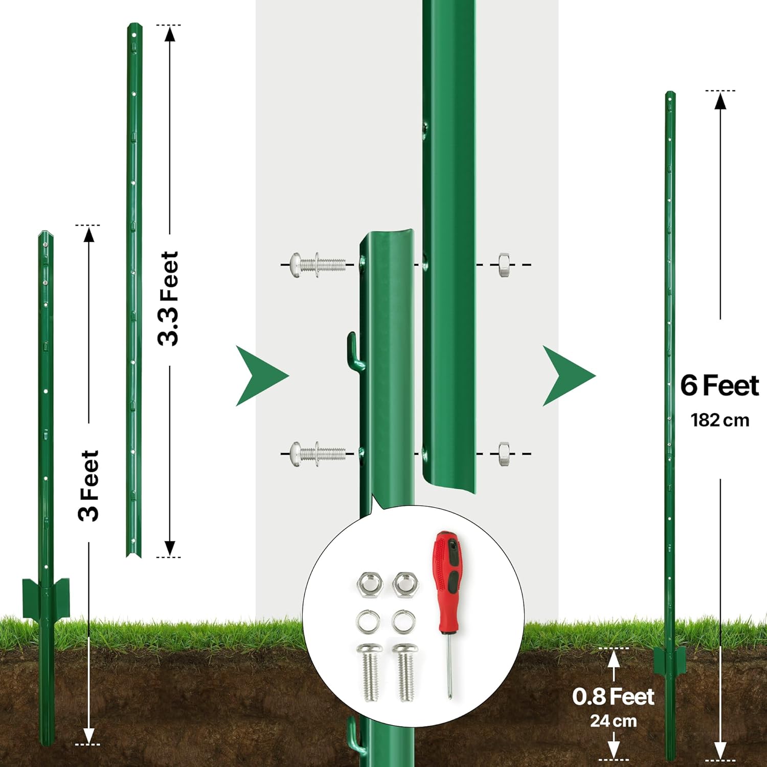 Piquets en U pour Clôture, Lot de 10 182 CM Haut Acier Galvanisé Antirouille, Installation Facile pour Jardin ou Élevage Vert 182 cm
