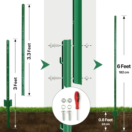 Piquets en U pour Clôture, Lot de 10 182 CM Haut Acier Galvanisé Antirouille, Installation Facile pour Jardin ou Élevage Vert 182 cm