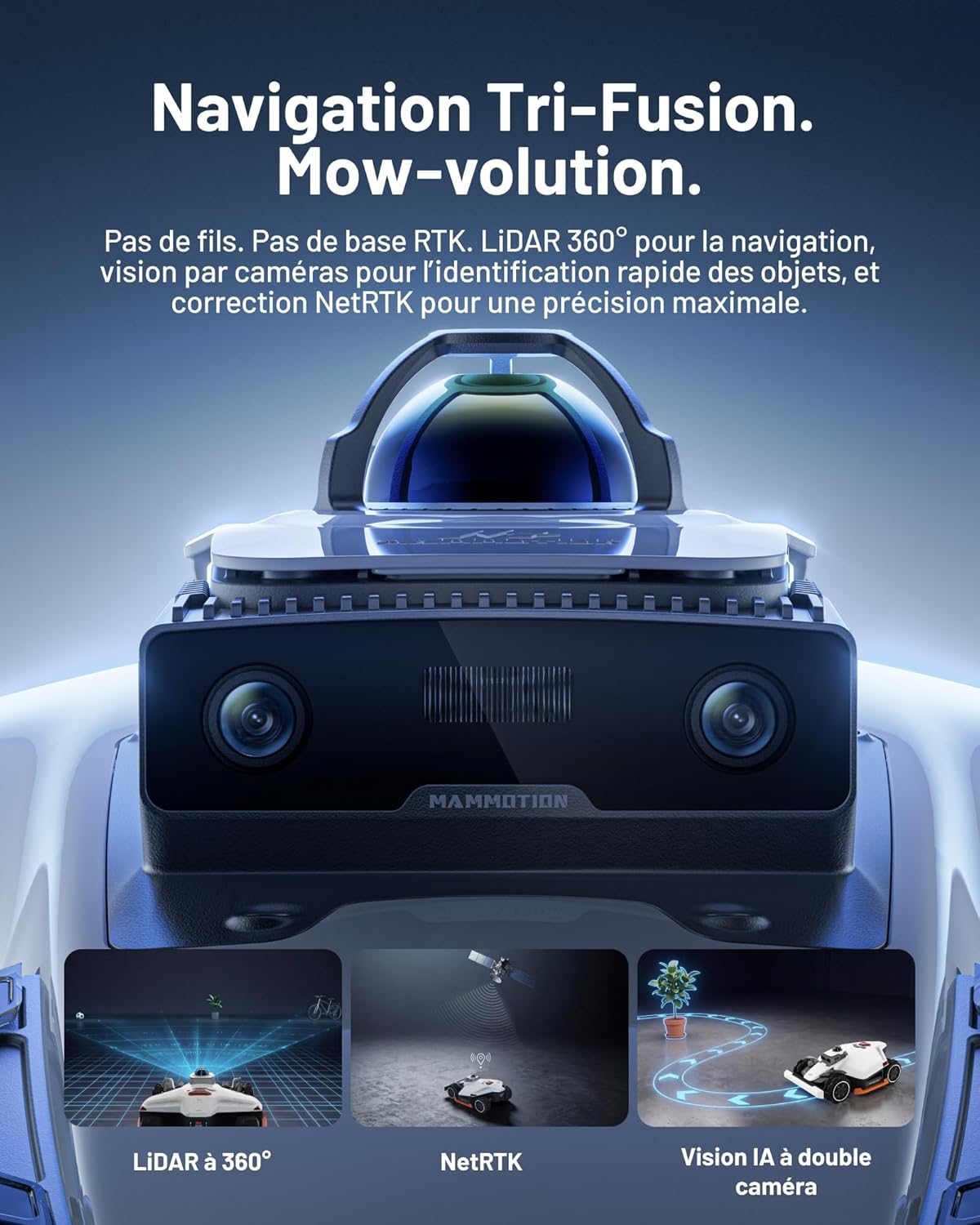 LUBA 3 AWD 3000 Robot Tondeuse, Positionnement Tri-Fusion 360° LiDAR+NetRTK+AI Vision, 80% pentes, Gestion multizone jusqu'à 30 Zones, Hauteur de Coupe 25-70 mm