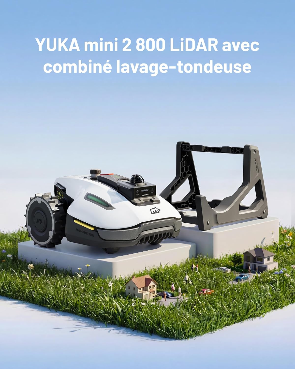 YUKA Mini 2 800 LiDAR Robot Tondeuse sans câble avec Support pour Lave-Auto, recommandé pour 800 m², LiDAR 360° + Vision AI, Reconnaissance de Plus de 300 Obstacles, DropMow Blanc-YUKA mini 2 800 LiDAR avec Support de Lavage