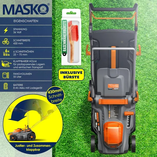 MASKO® Tondeuse à Gazon+ Fonction Mulching 2X Batteries & Double Chargeur+ Tondeuse à Gazon Largeur de Coupe 43cm 6X 25-75mm Réglage de la Hauteur Coupe Bac de ramassage 55L jusqu'à 650m² de Surface Largeur de coupe 43cm Gris