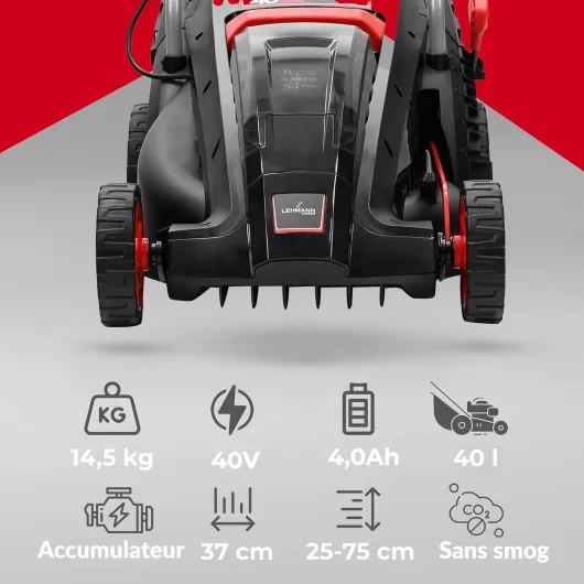 Tondeuse à Gazon sans Fil 40V, Largeur de Coupe 37 cm, 40 L Bac, 5 Niveaux de Réglage 25-75 cm, Moteur à Induction, jusqu'à 400 m², Livré avec Batterie 4,0 Ah + Chargeur, Noir/Rouge